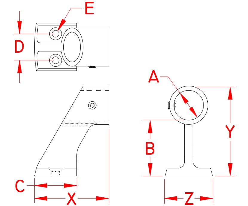 Stainless Steel Rail Stanchion Center, Railing and Bimini, S3673-1600, Line Drawing
